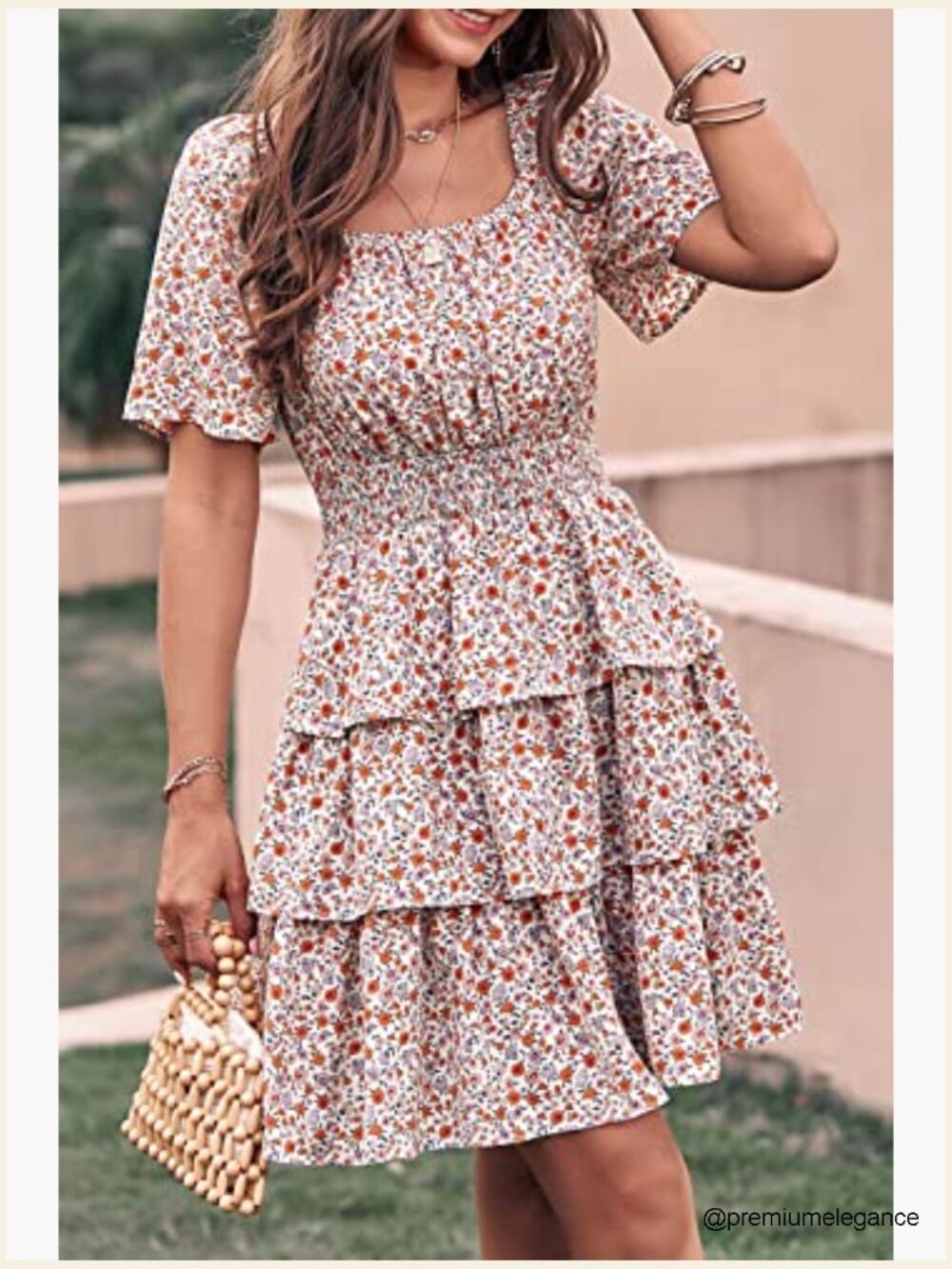 Floral Square Neck Short Sleeve Tiered Ruffle Boho Swing Mini Dress - Picture 4 of 7